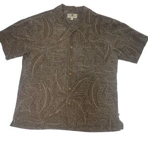Island Shores 100% Silk Textured Hawaiian Shirt Brown Leaf Print | Large |